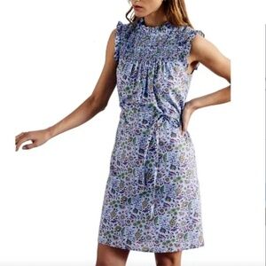 NWOT Boden Sleeveless Smocked Mini Dress in Dusty Blue Oriental Meadow, Size 12L